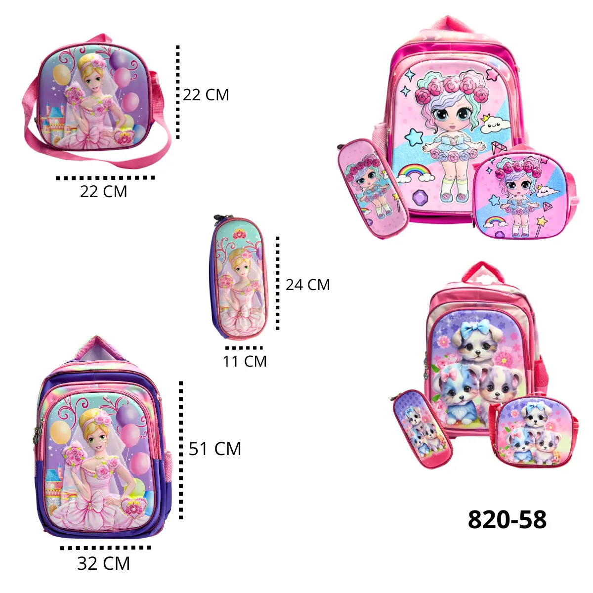 TRIO CARTUCHERA MORRAL Y LONCEHRA NIÑA 820-58